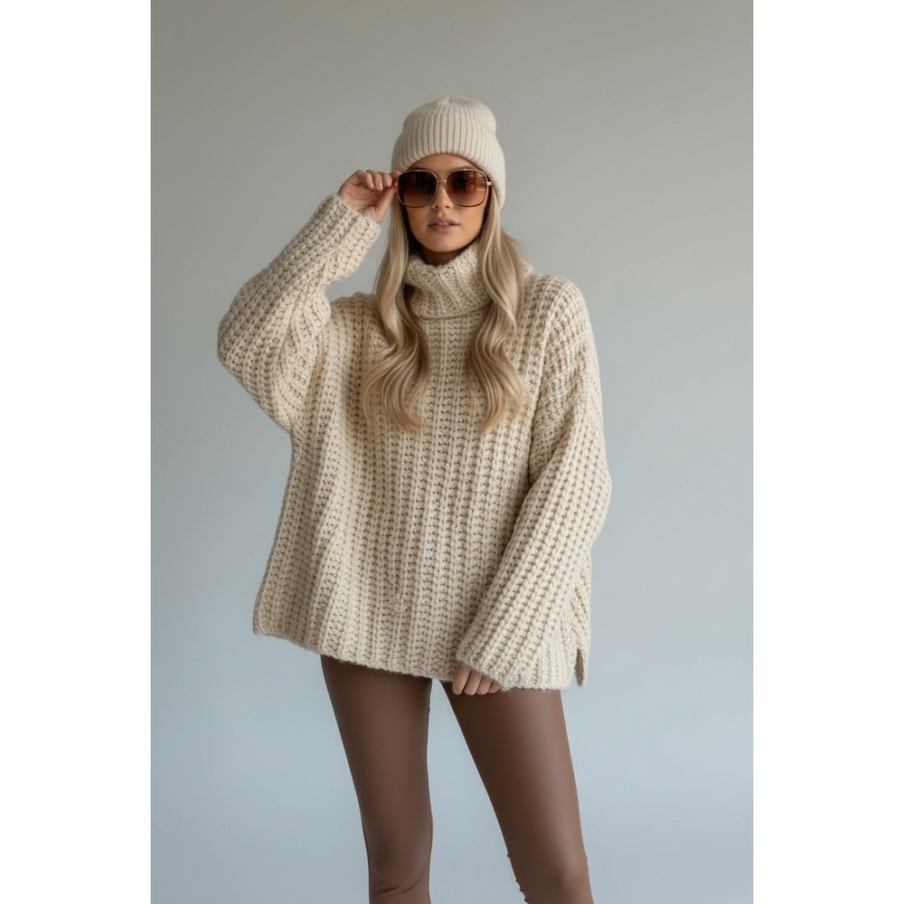 ZARA Chunky Knit‎ Oversized Small Turtleneck Cozy Sweater Cream - Picture 2 of 8